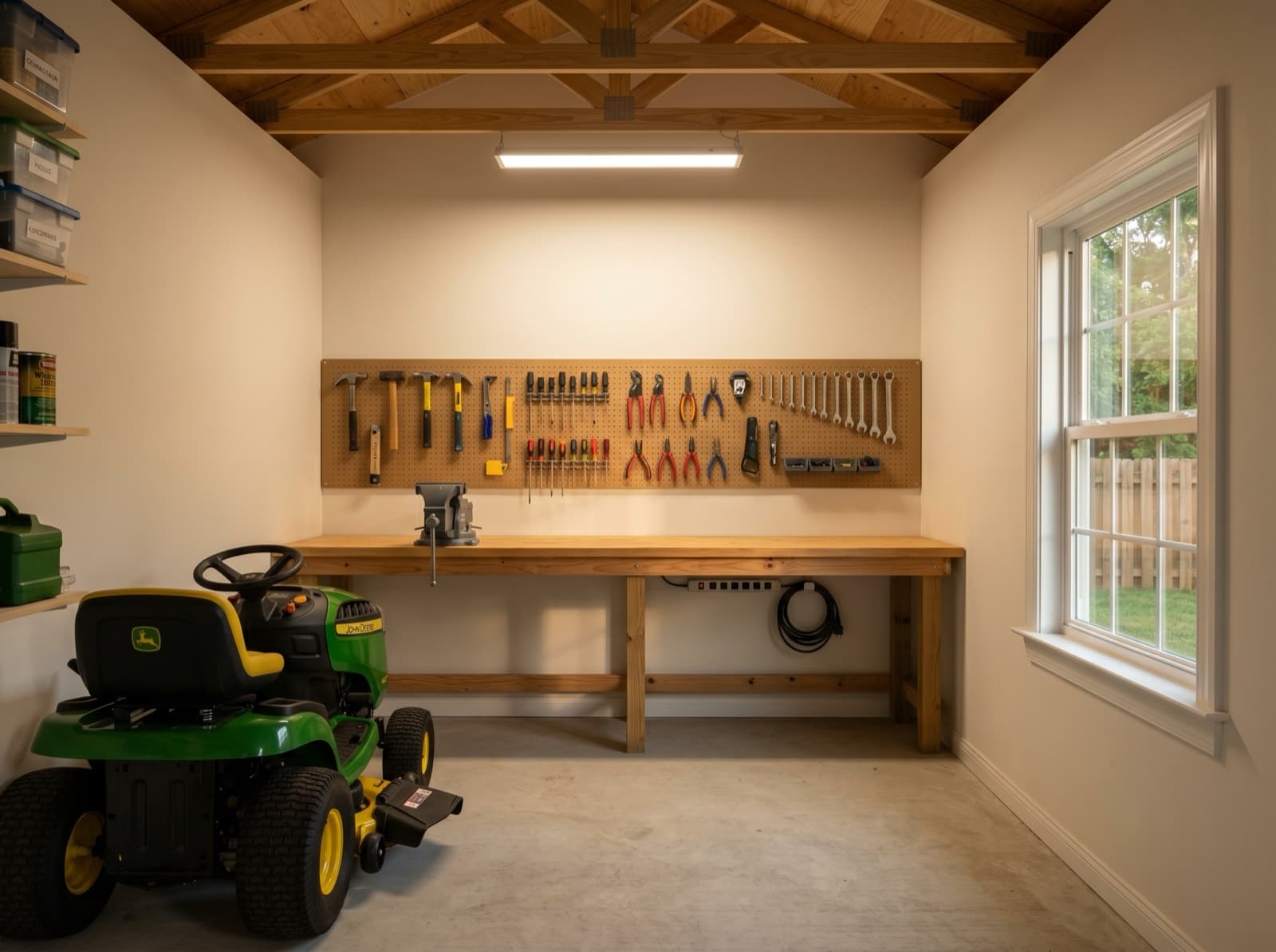 Organized workshop shed interior