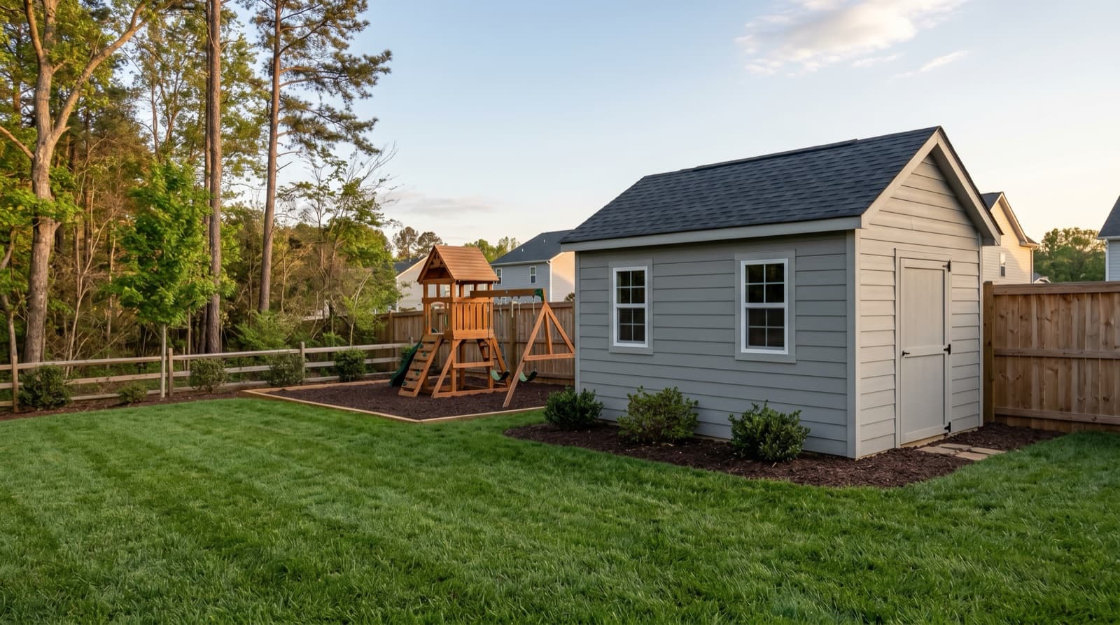 Charlotte suburban backyard with custom shed