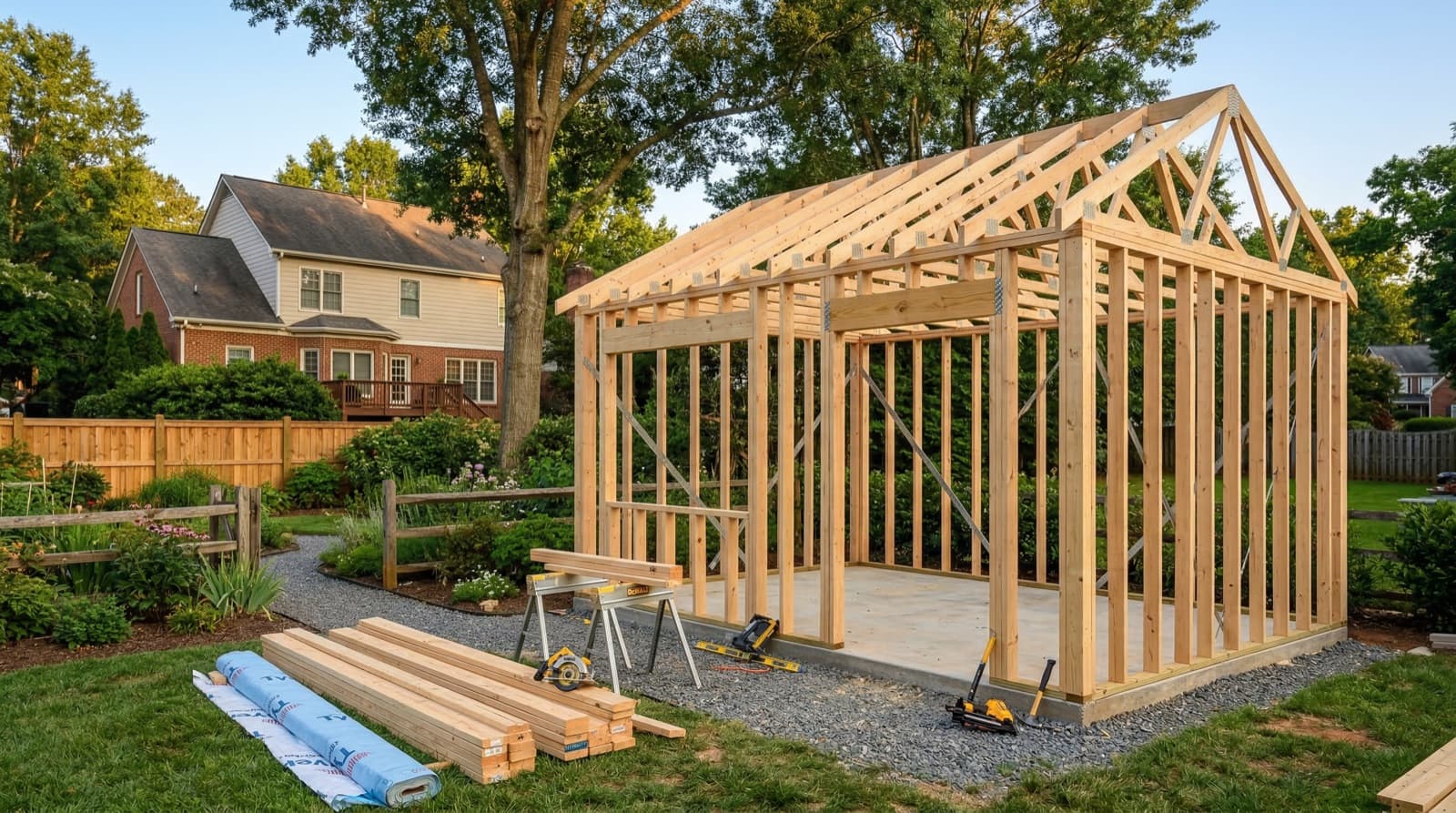Shed construction in progress - wall framing stage