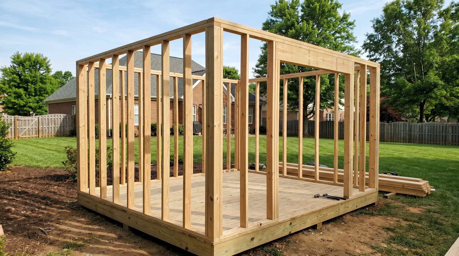 Shed construction in progress - wall framing stage