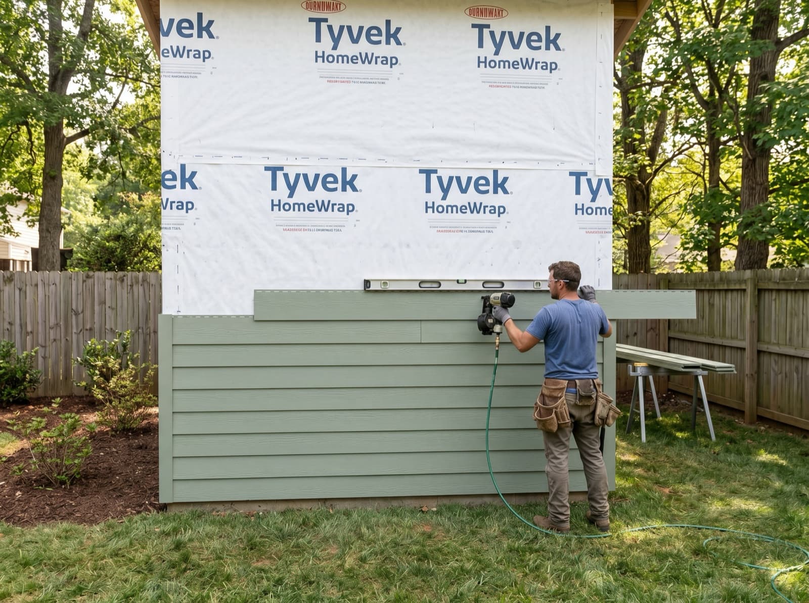 Builder installing siding on custom shed